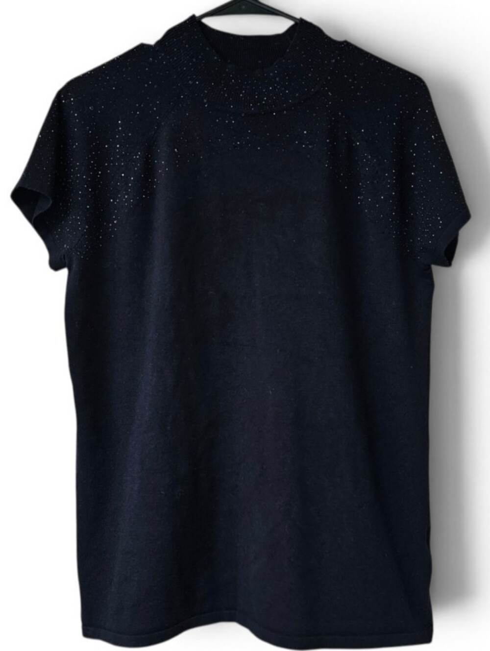 Neiman Marcus Embellished Mock Neck Short Sleeve Pullover Black Size Large